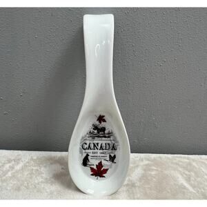 Chuck the Canuck Canada Spoon Rest Ceramic Moose Bear Maple Leaf White Red Black